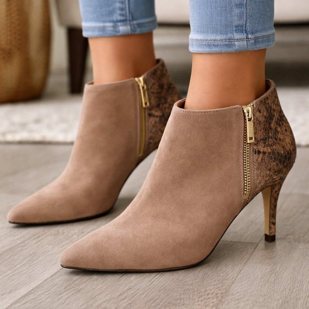 Vintage Y2K Michael Kors Taupe Suede Snakeskin Heel Booties Sz 9